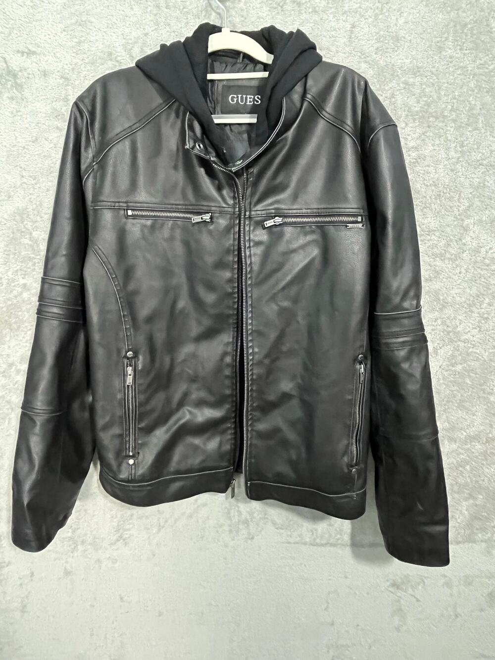 Guess Biker Jacket XL Black Faux Leather Hooded Grunge Flaw